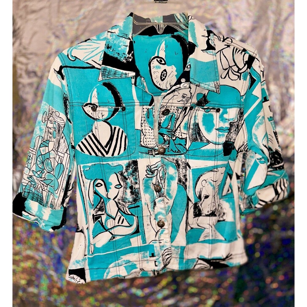 Kaktus Women's Blue & White Picasso 'esque Jacket US Size Large M/L with Stretch